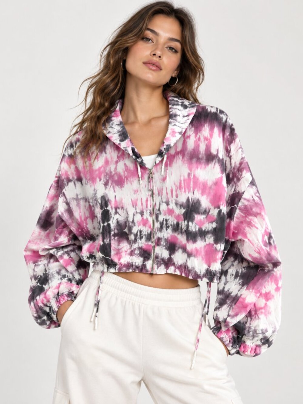 Bershka, Cropped Windbreaker, Pink & Charcoal Tie-Dye Jacket, US Large